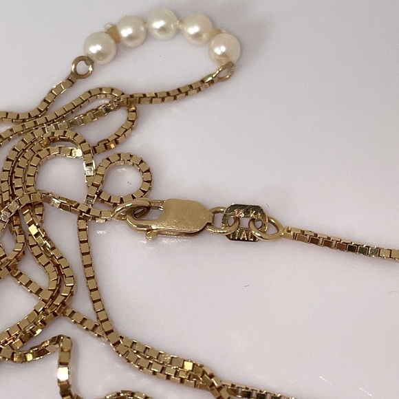 Solid 14K Italy Vintage Modern 5 Pearls Necklace Box Link Chain Lobster Clasp - Picture 11 of 14
